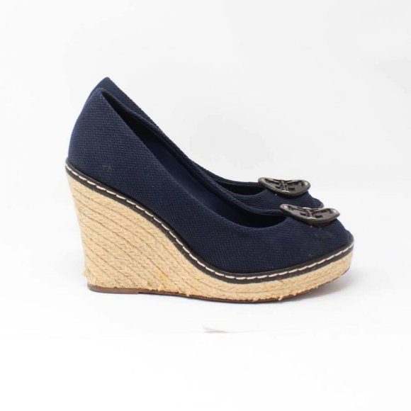 TORY BURCH Navy Blue Logo Wedges